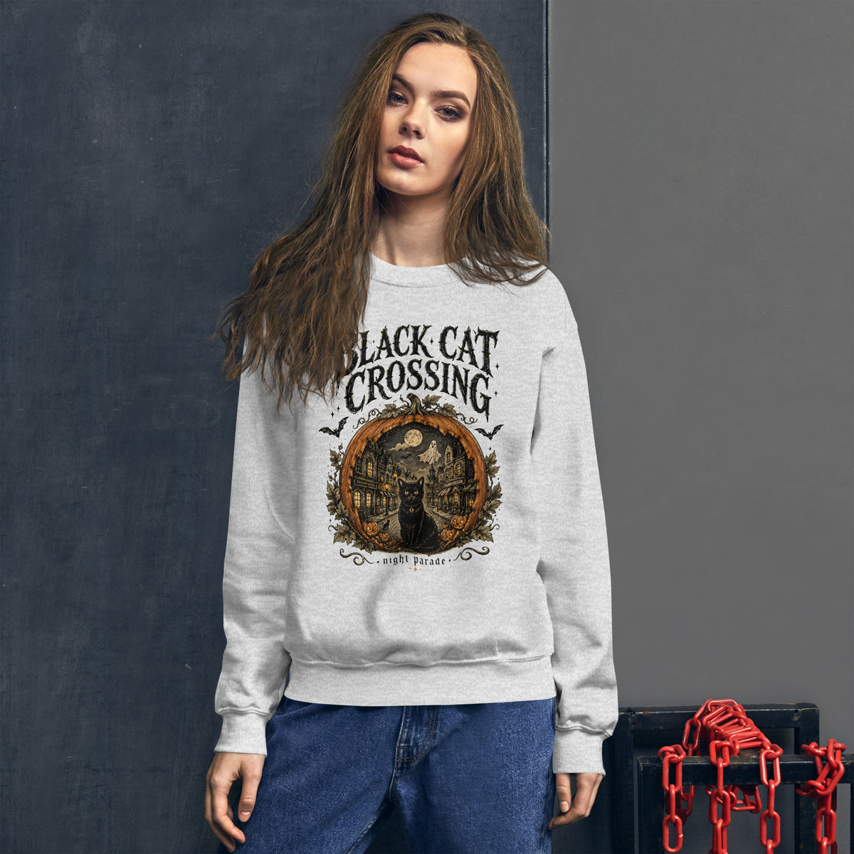 Black Cat Crossing Halloween sweatshirt in Ash, front view