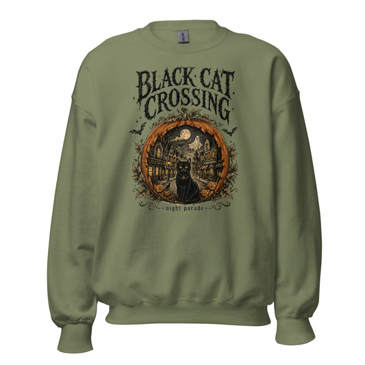 Black Cat Crossing Halloween Sweatshirt for cat parent in Military Green, product view 2