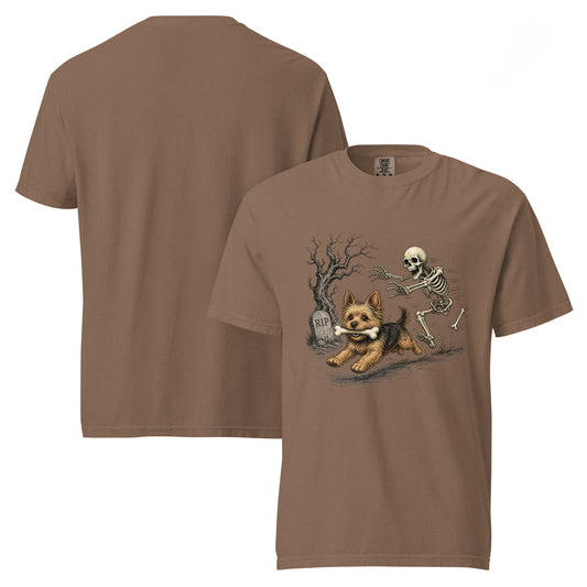 Terrier and skeleton Halloween garment-dyed tee in Espresso, front and back view