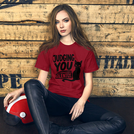 Judging You Silently sitting cat tee in Cardinal, front view