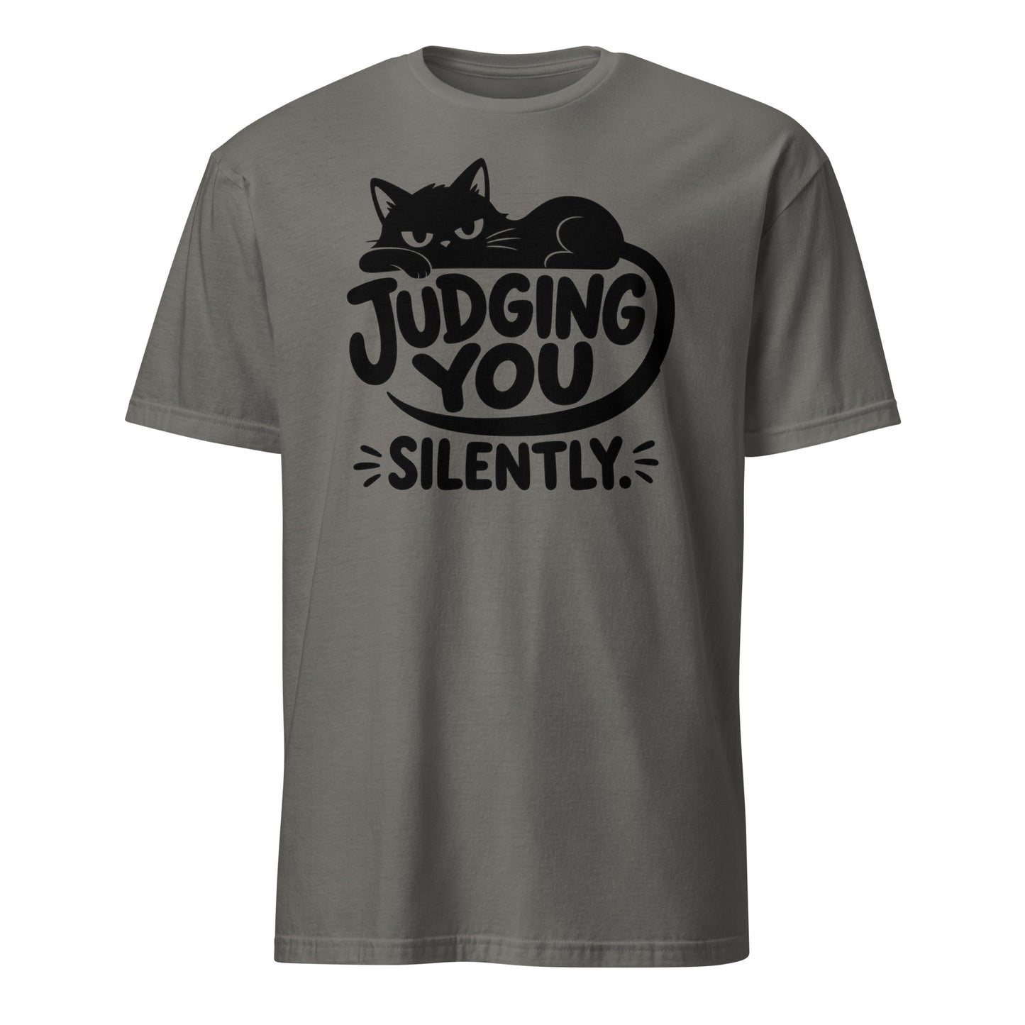 Judging You Silently lounging cat tee in Charcoal, front view