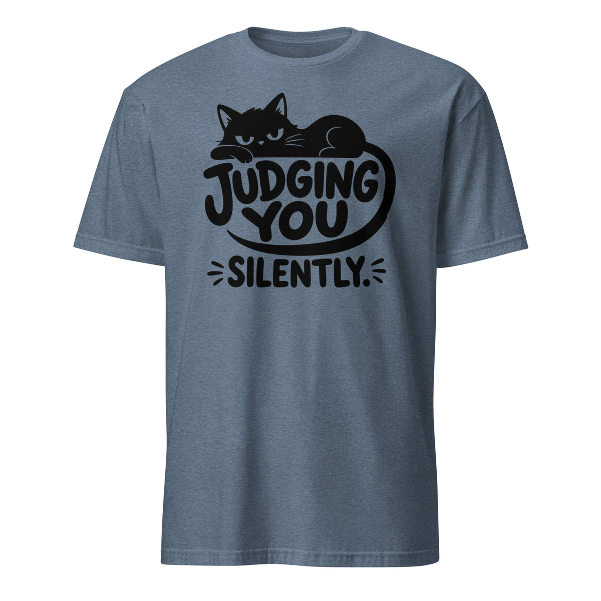 Judging You Silently lounging cat tee in Heather Indigo, front view