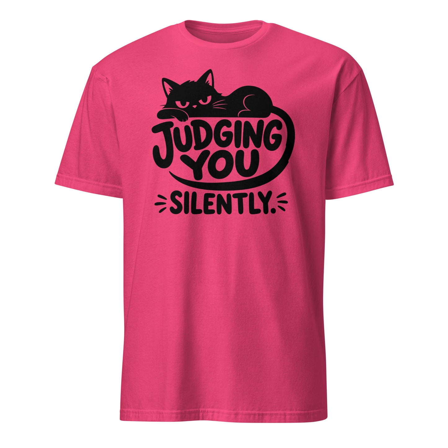 Judging You Silently lounging cat tee in Heliconia, front view