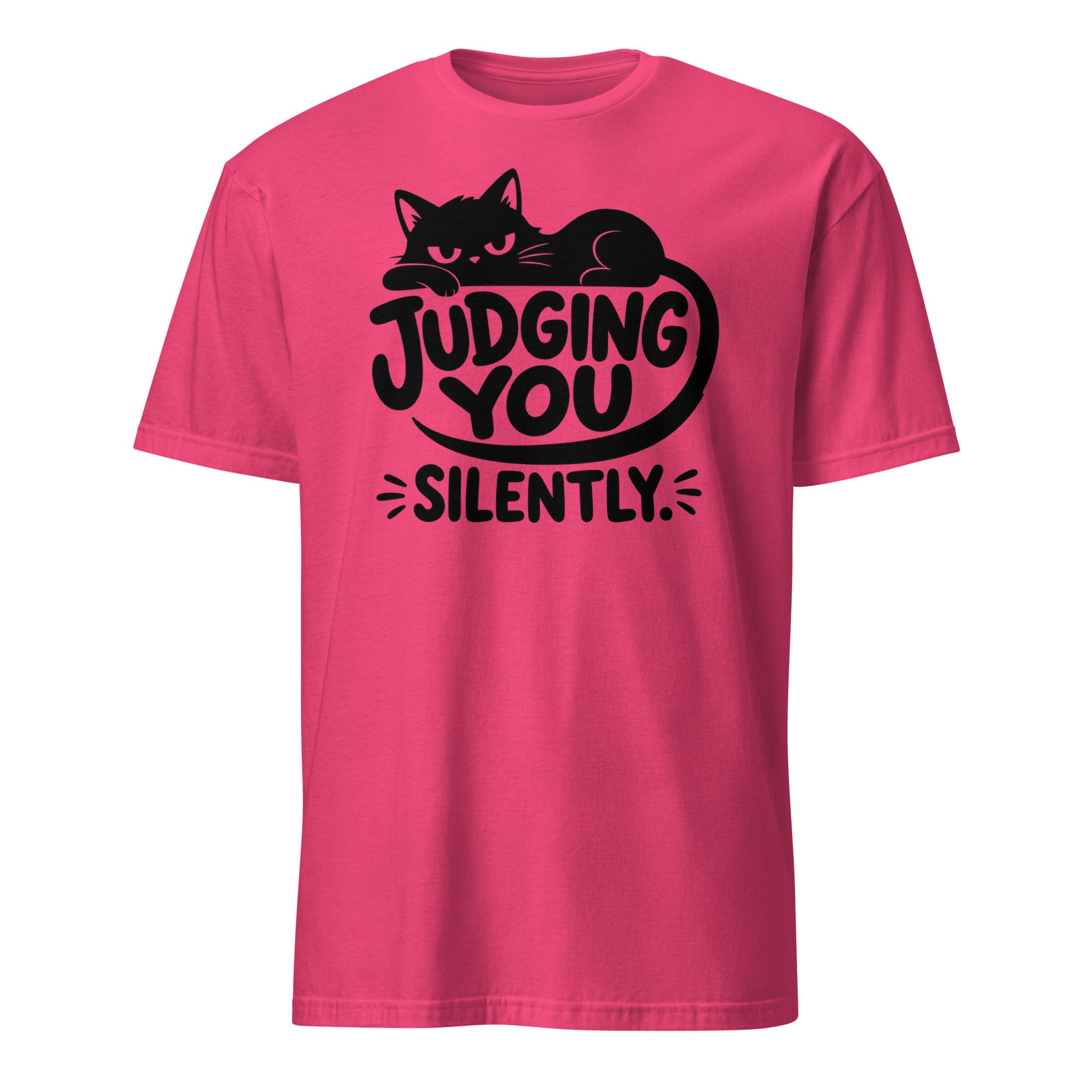 Judging You Silently lounging cat tee in Heliconia, front view