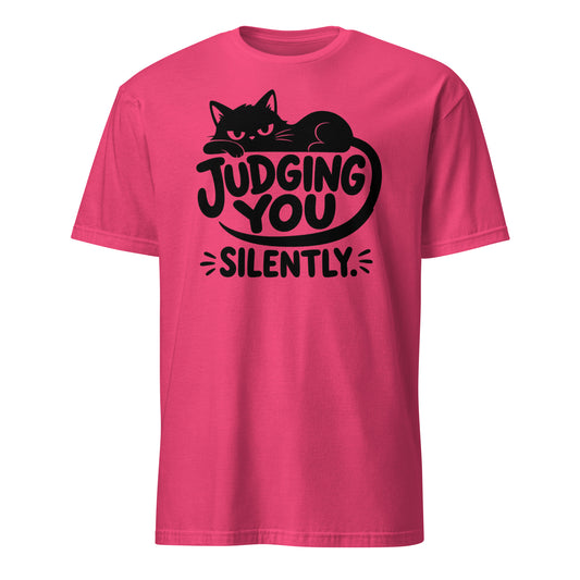 Judging You Silently lounging cat tee in Heliconia, front view