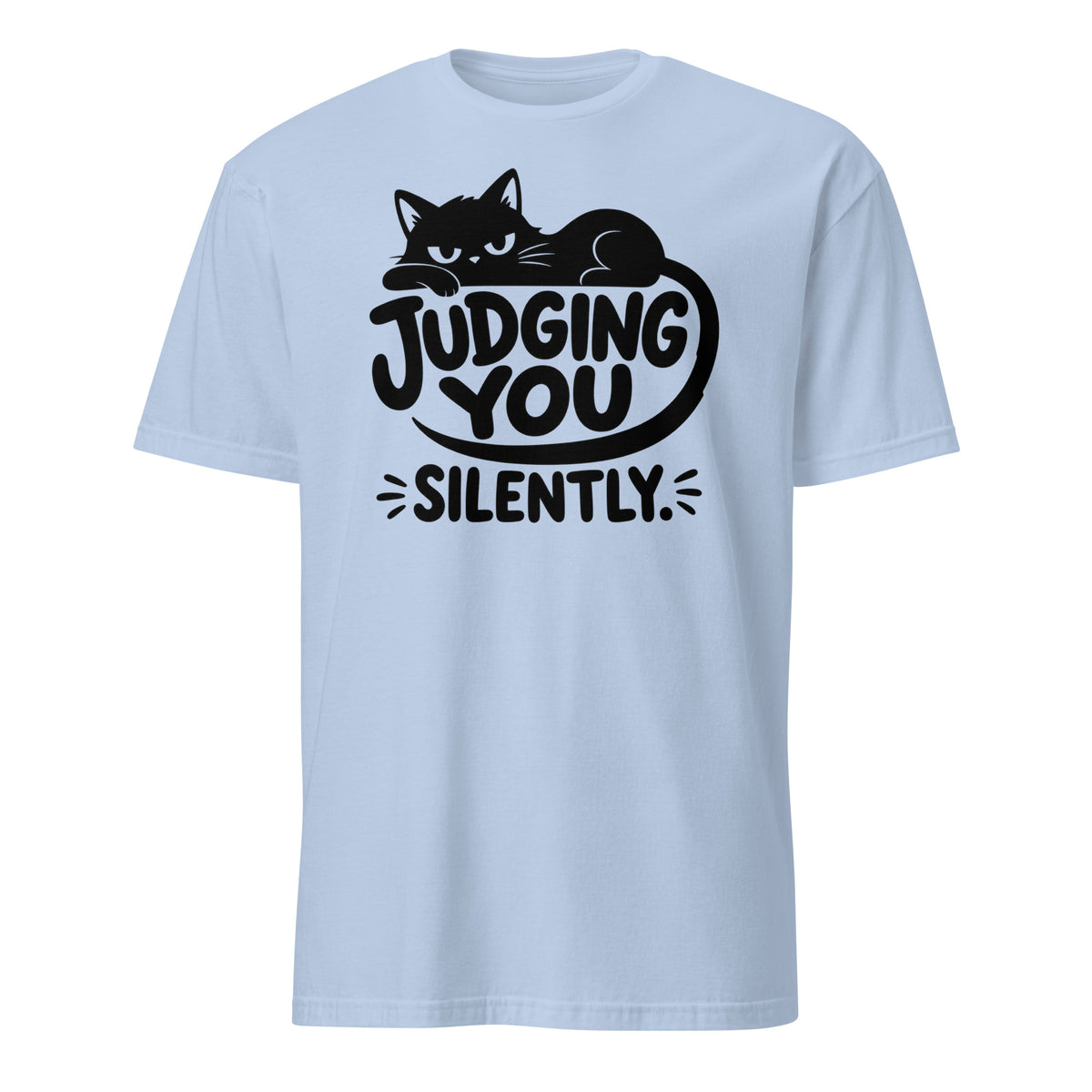 Judging You Silently lounging cat tee in Light Blue, front view