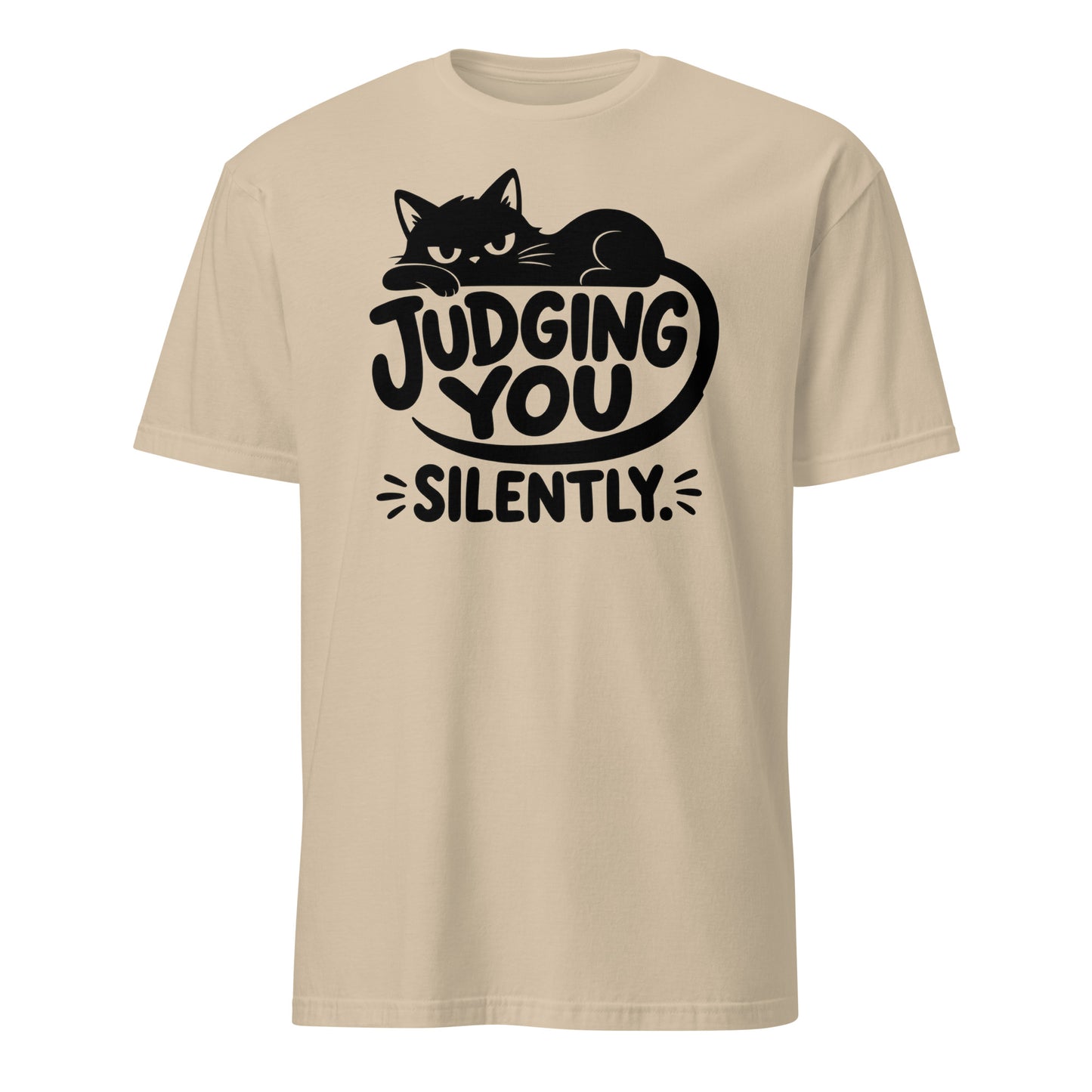 Judging You Silently lounging cat tee in Sand, front view