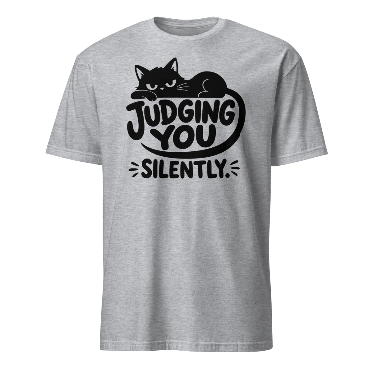 Judging You Silently lounging cat tee in Sport Grey, front view
