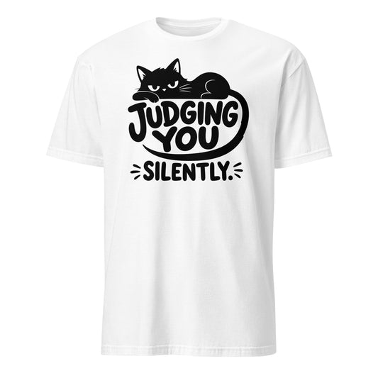 Judging You Silently lounging cat tee in White, front view