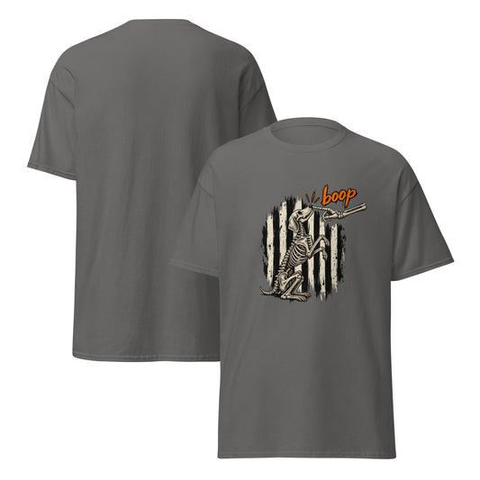 Skeleton Dog Boop Tee for dog parent in Charcoal, back view