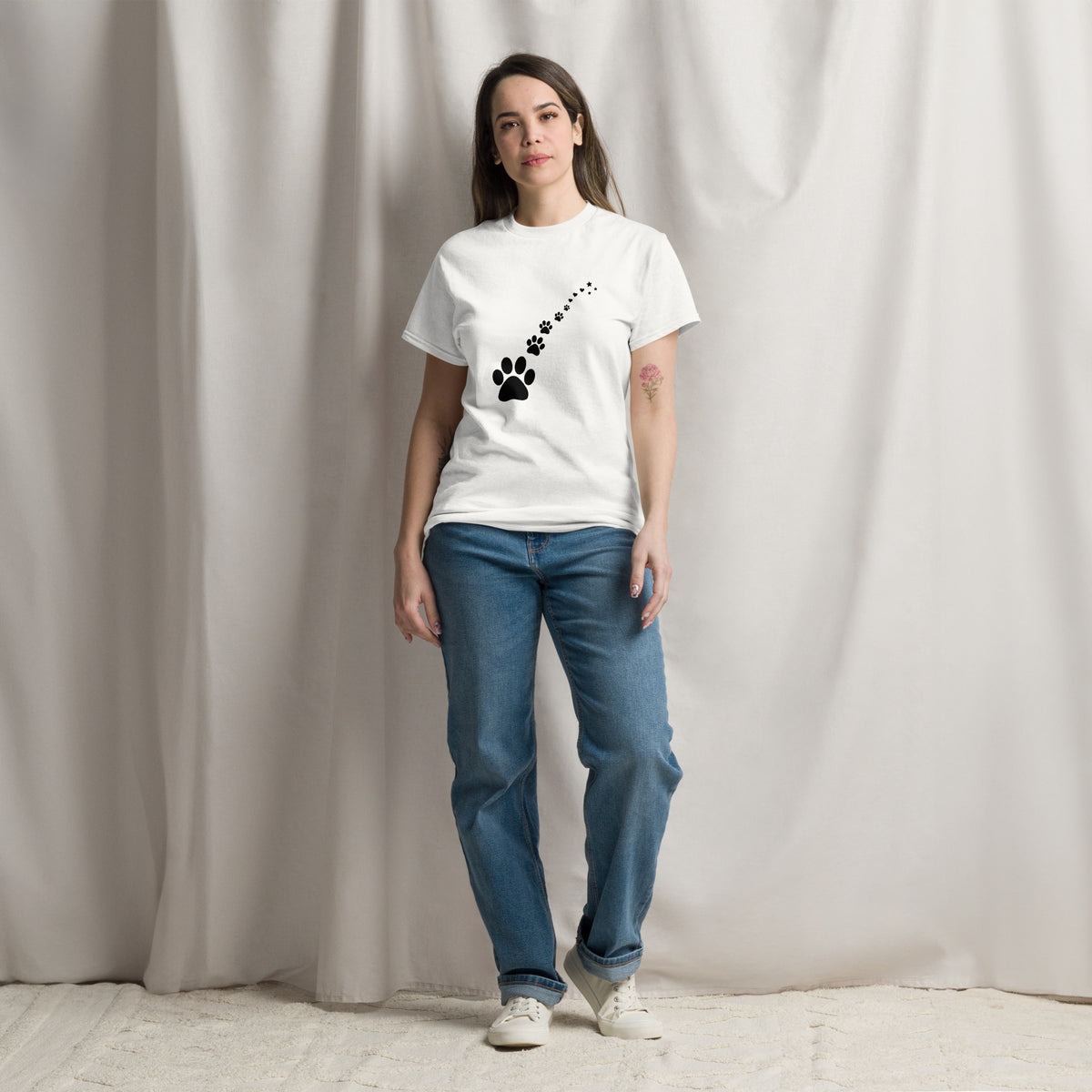 Pawprints to the Stars pet memorial tee with paw trail becoming stars