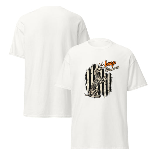 Skeleton Dog Boop Tee for dog parent in White, back view