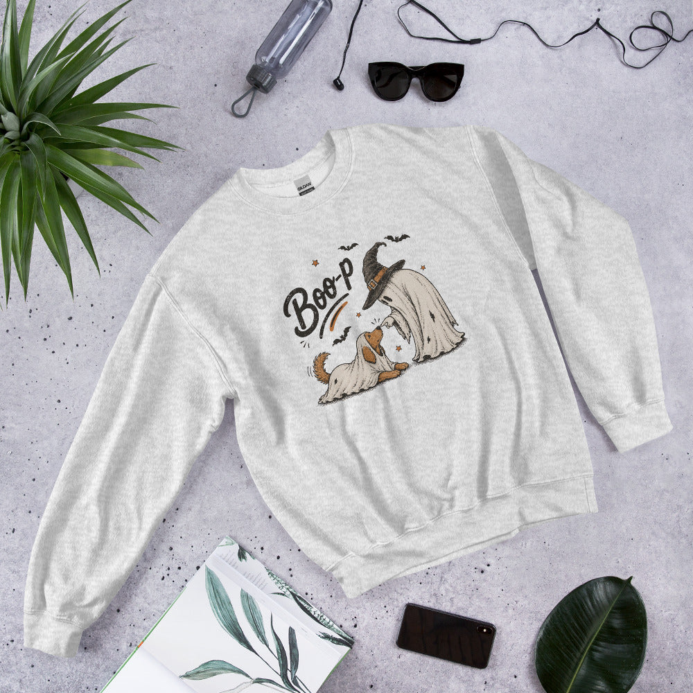 Boo-p ghost dog Halloween sweatshirt in Ash, front view