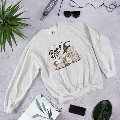 Boo-p ghost dog Halloween sweatshirt in Ash, front view