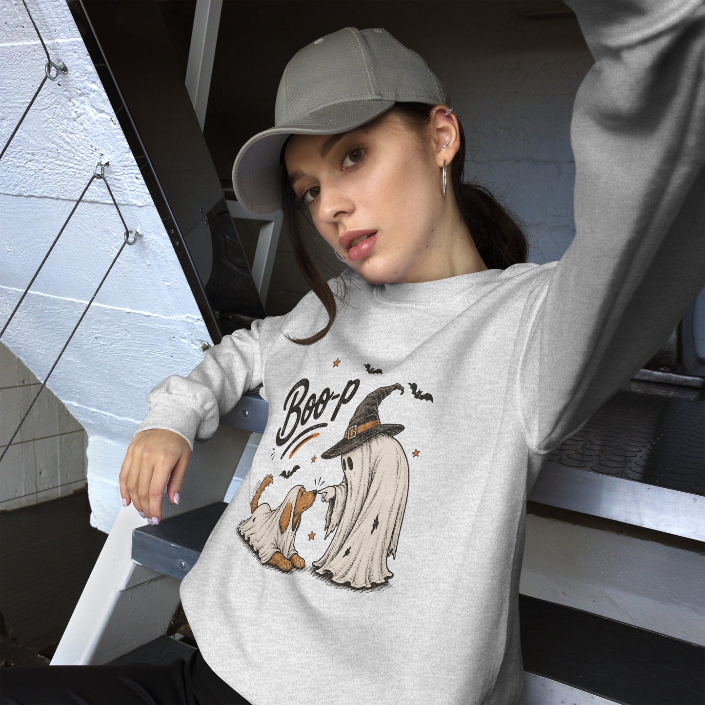 Boo-p ghost dog Halloween sweatshirt in Ash, front view