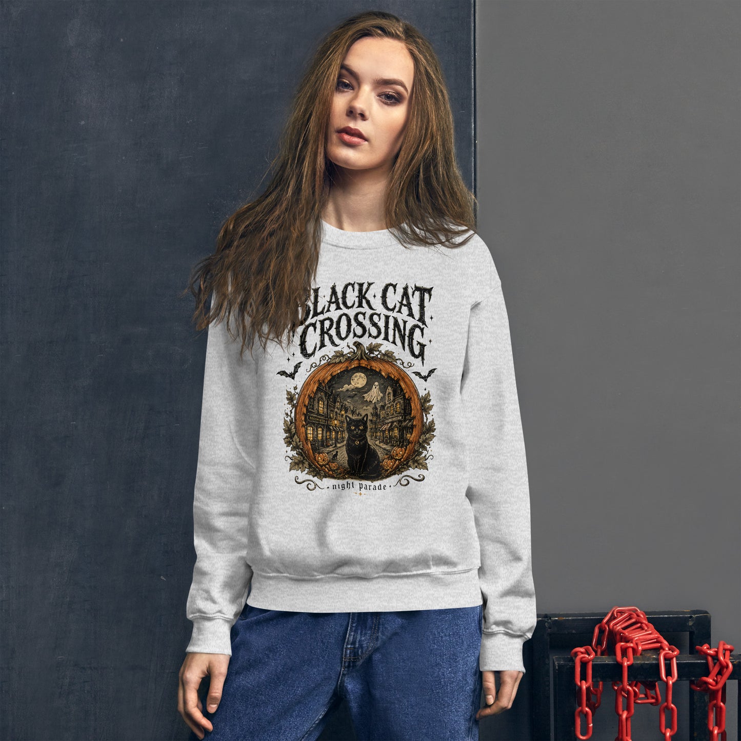 Black Cat Crossing Halloween sweatshirt in Ash, front view