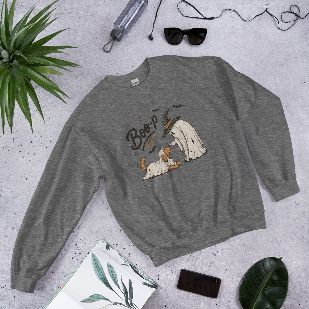 Boo-p ghost dog Halloween sweatshirt in Graphite Heather, front view