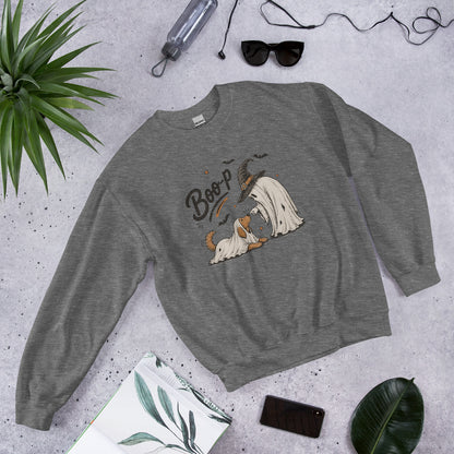 Boo-p ghost dog Halloween sweatshirt in Graphite Heather, front view