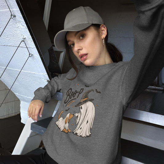 Boo-p ghost dog Halloween sweatshirt in Graphite Heather, front view