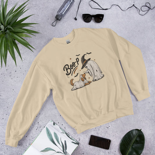 Boo-p ghost dog Halloween sweatshirt in Sand, front view