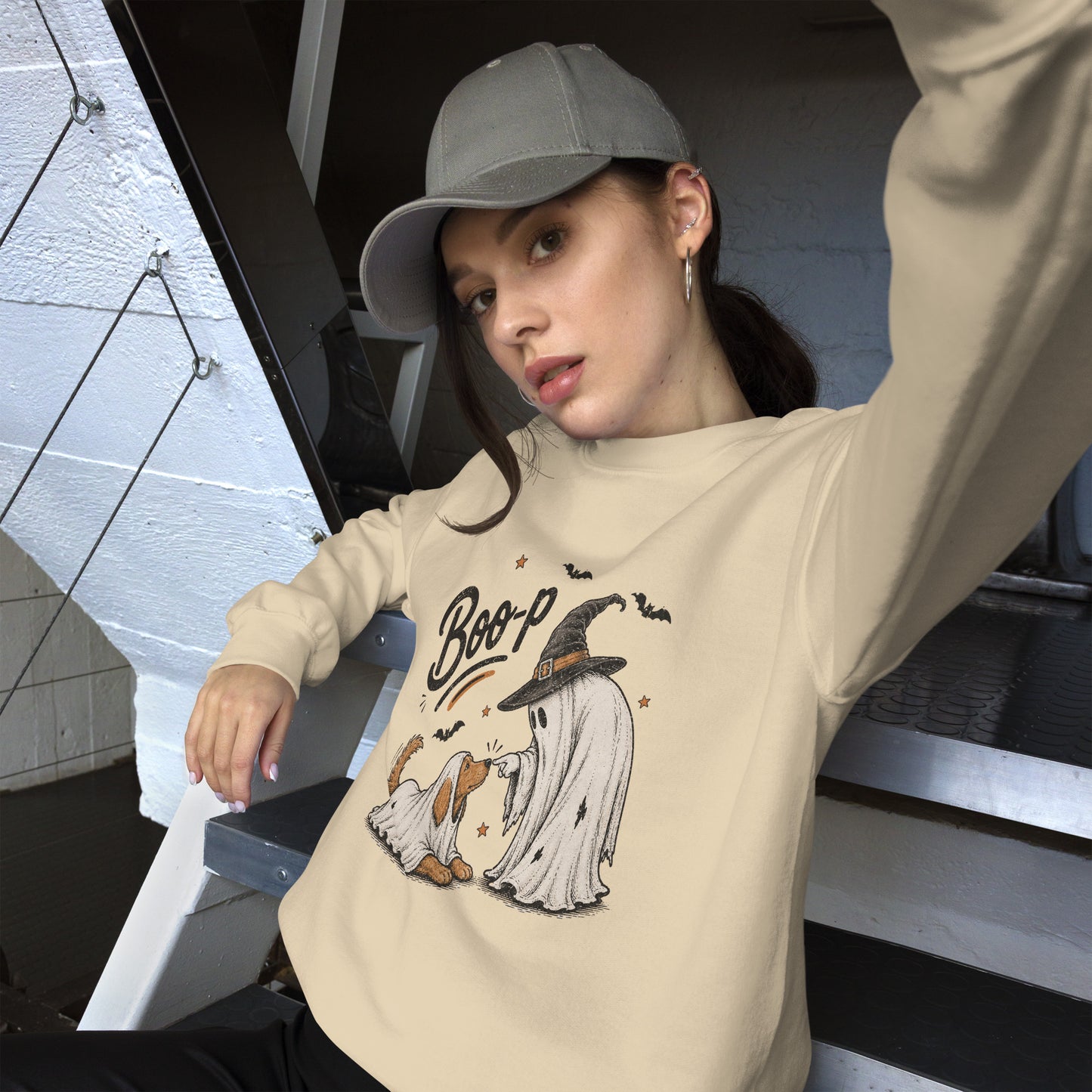 Boo-p ghost dog Halloween sweatshirt in Sand, front view