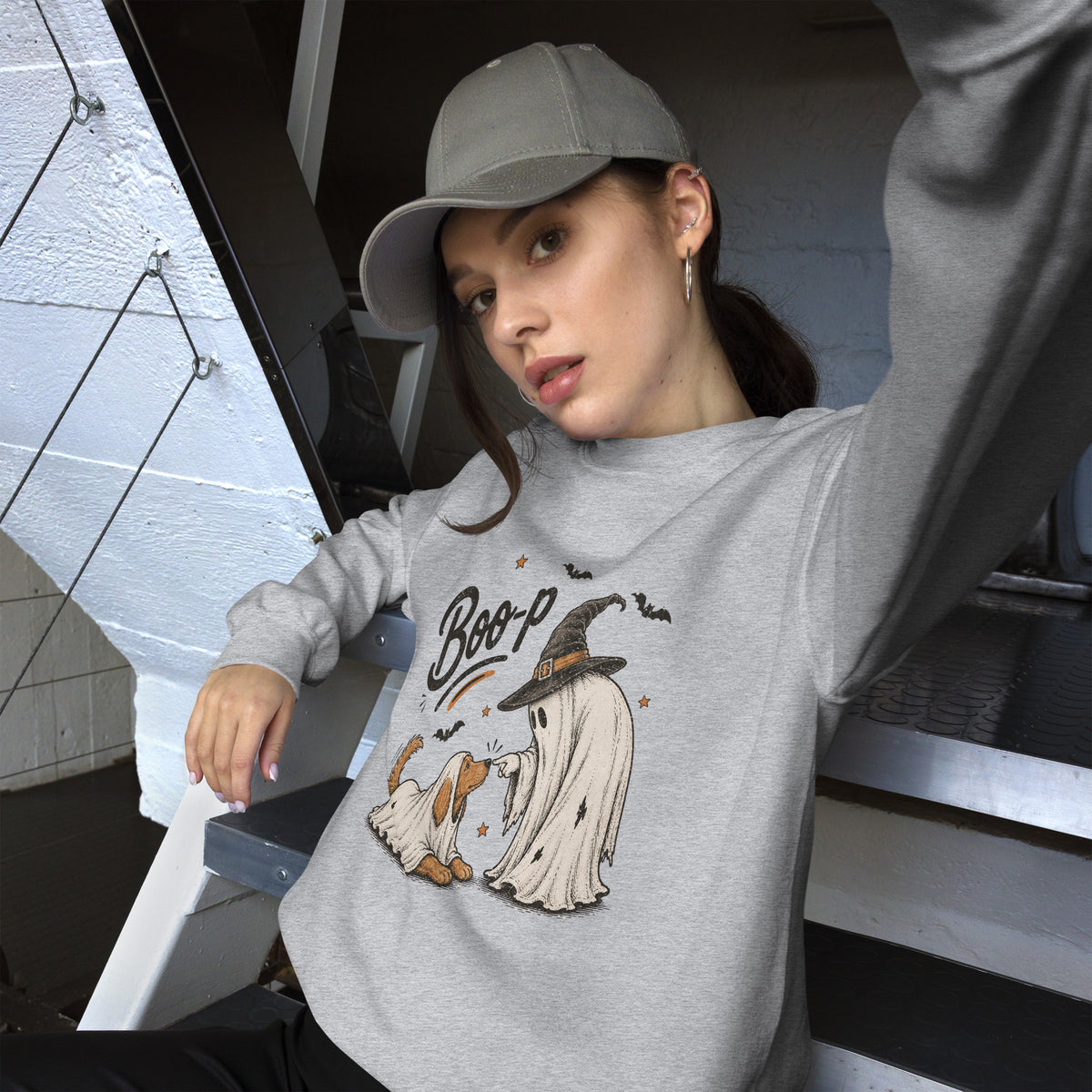 Boo-p ghost dog Halloween sweatshirt in Sport Grey, front view