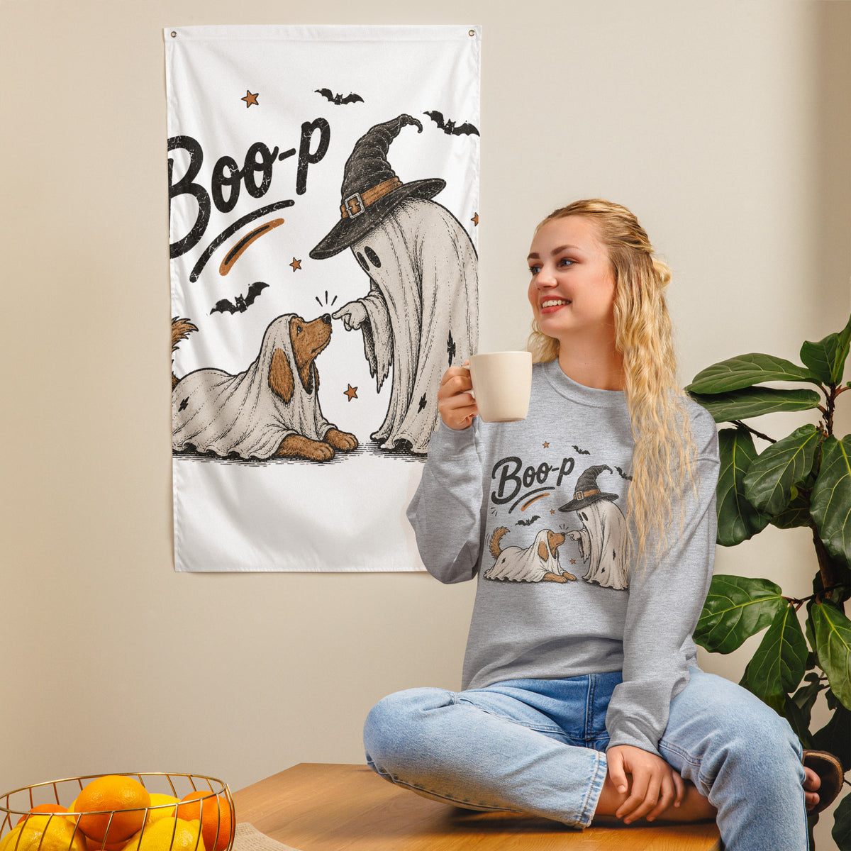 Boo-p ghost dog Halloween sweatshirt in Sport Grey, front view