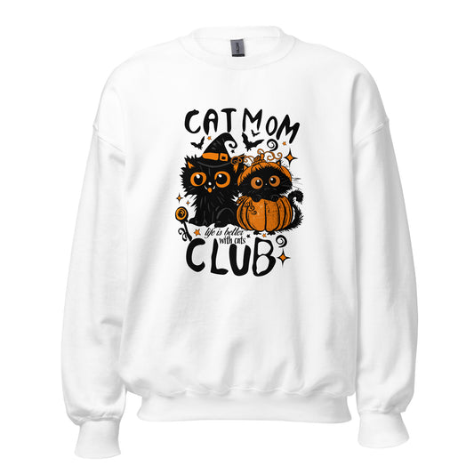 Cat Mom Club Halloween Sweatshirt for cat parent in White, front view