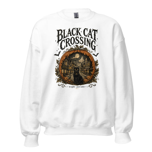 Black Cat Crossing Halloween Sweatshirt for cat parent in White, front view