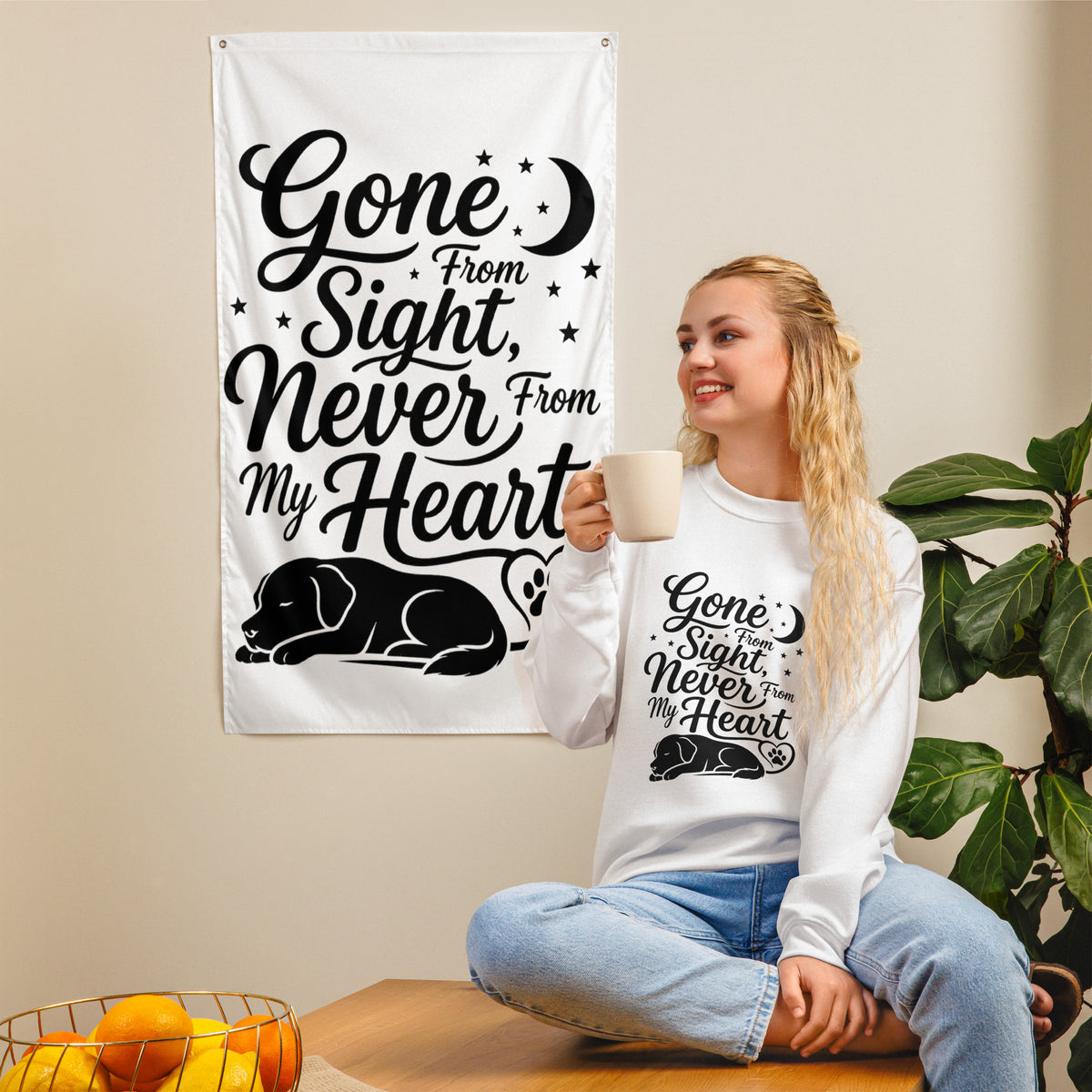 Gone From Sight Never From My Heart dog memorial sweatshirt with sleeping dog silhouette, front view