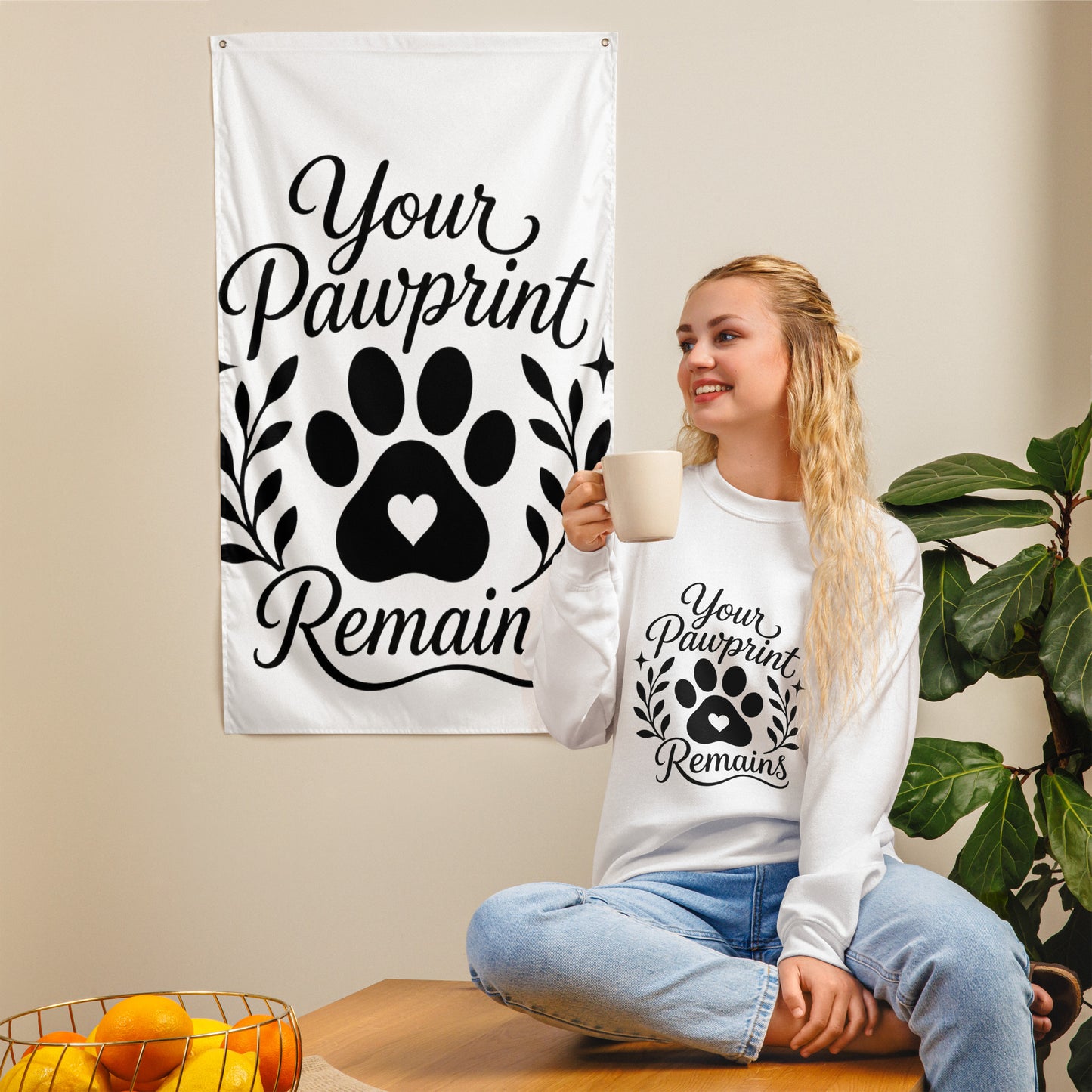 Your Pawprints Remain pet memorial sweatshirt with heart paw print, front view