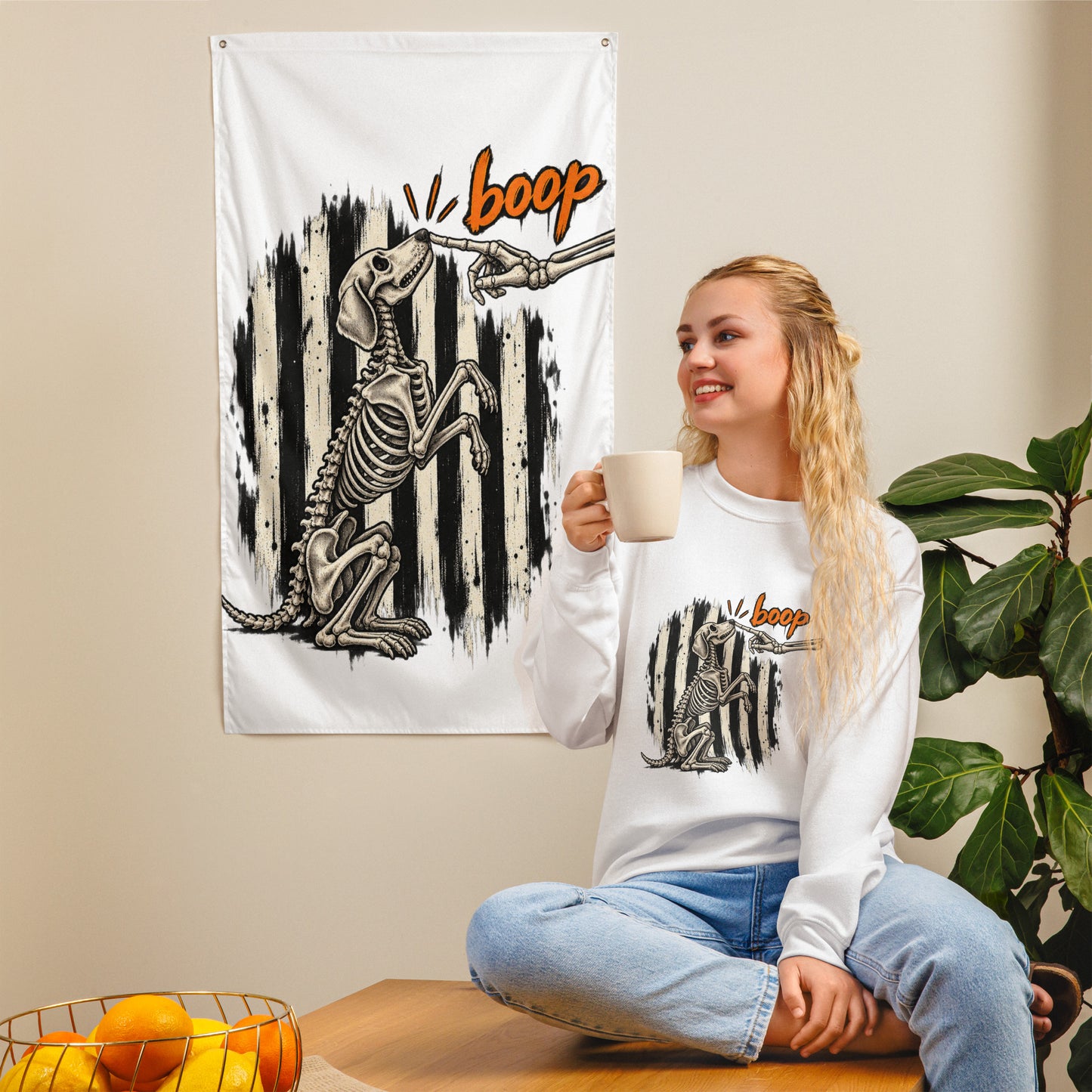 Skeleton Dog Boop Halloween sweatshirt with skeletal dog and boop hand, front view