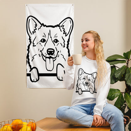Peeking corgi line-art sweatshirt with tongue out and paws on the edge
