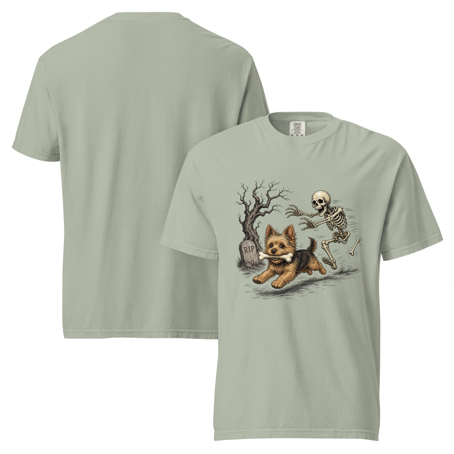 Terrier and skeleton Halloween garment-dyed tee in Bay, front and back view