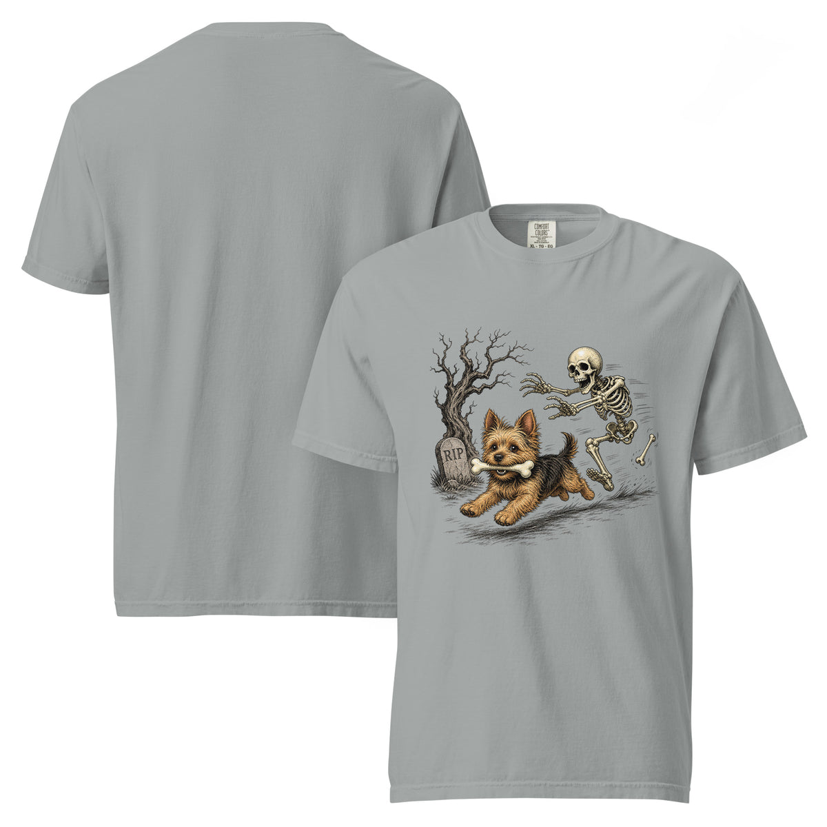 Terrier and skeleton Halloween garment-dyed tee in Granite, front and back view