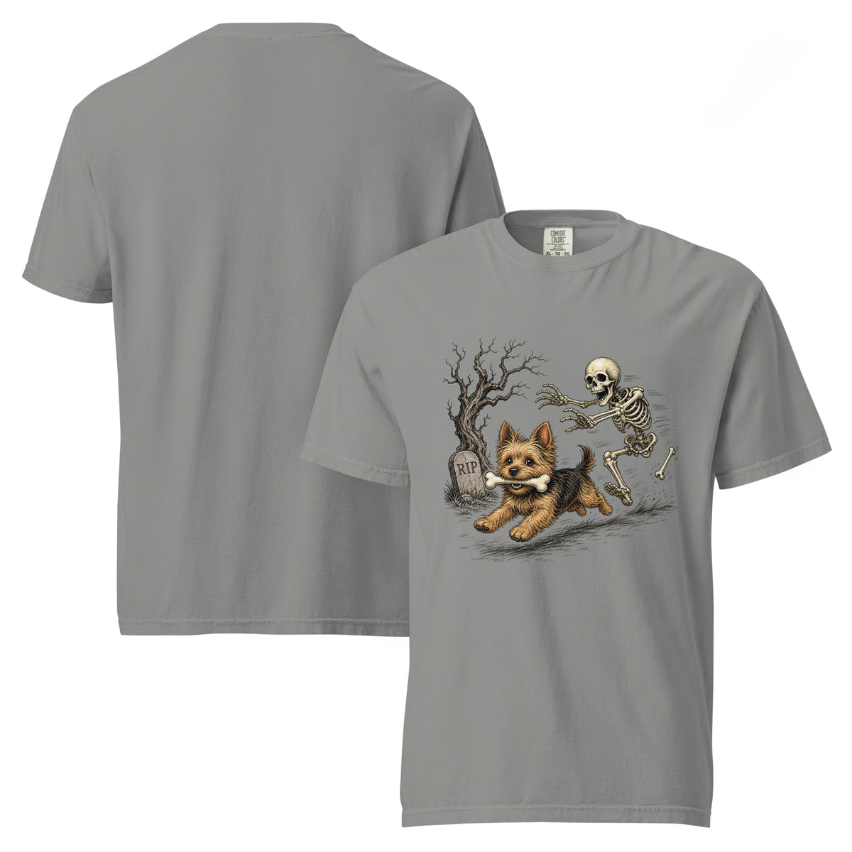 Terrier and skeleton Halloween garment-dyed tee in Grey, front and back view