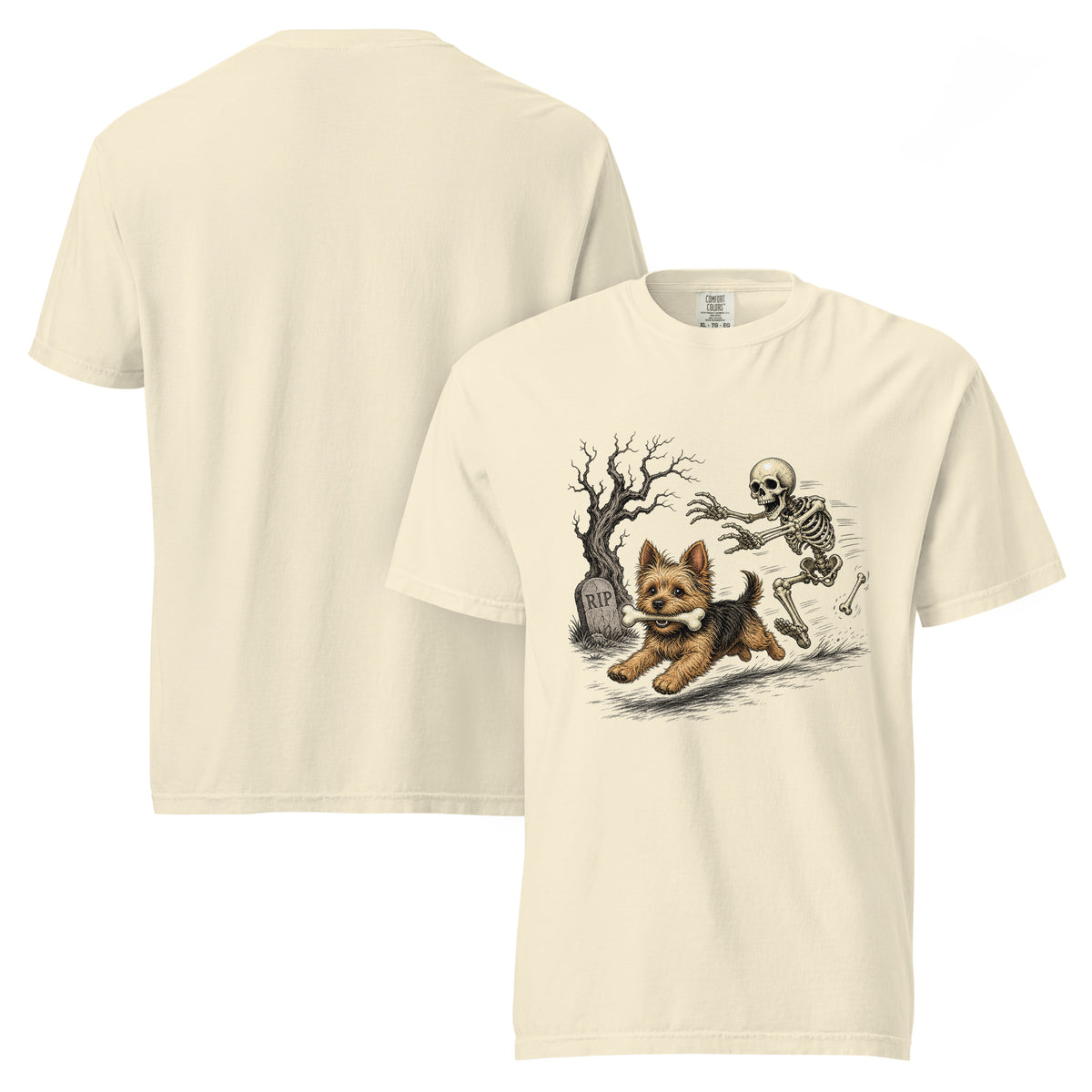 Terrier and skeleton Halloween garment-dyed tee in Ivory, front and back view