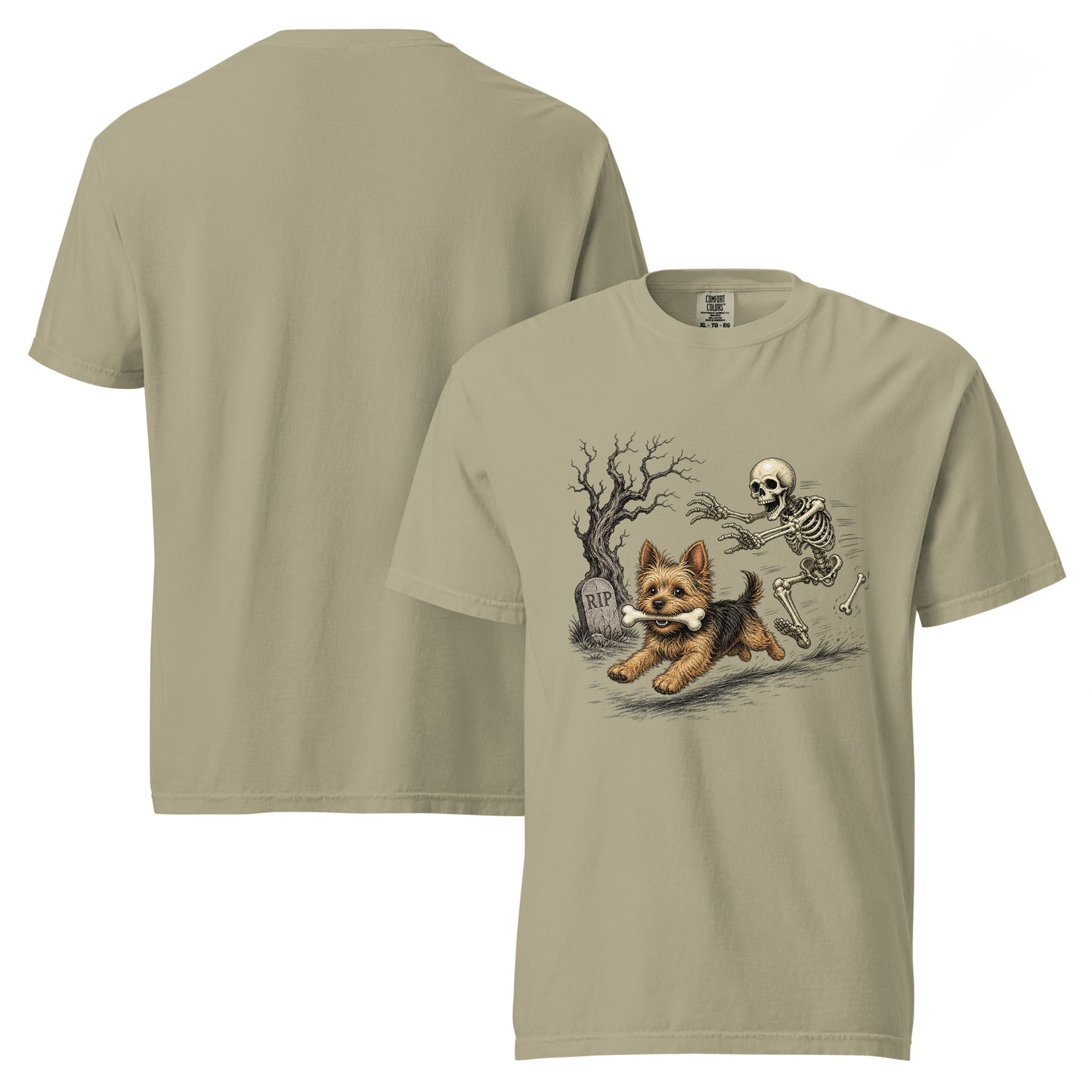 Terrier and skeleton Halloween garment-dyed tee in Khaki, front and back view