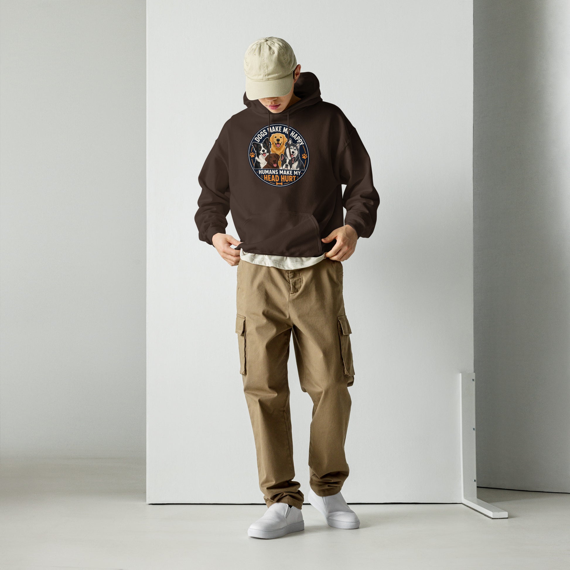 Dogs Make Me Happy Humans Make My Head Hurt hoodie in Dark Chocolate, front view