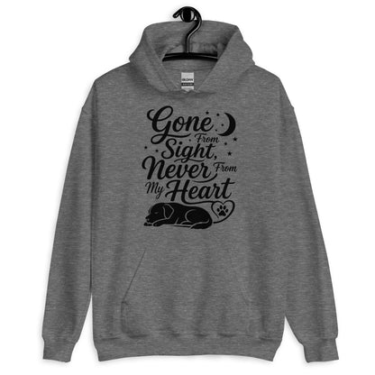 Gone From Sight Never From My Heart dog memorial hoodie in Graphite Heather, front view