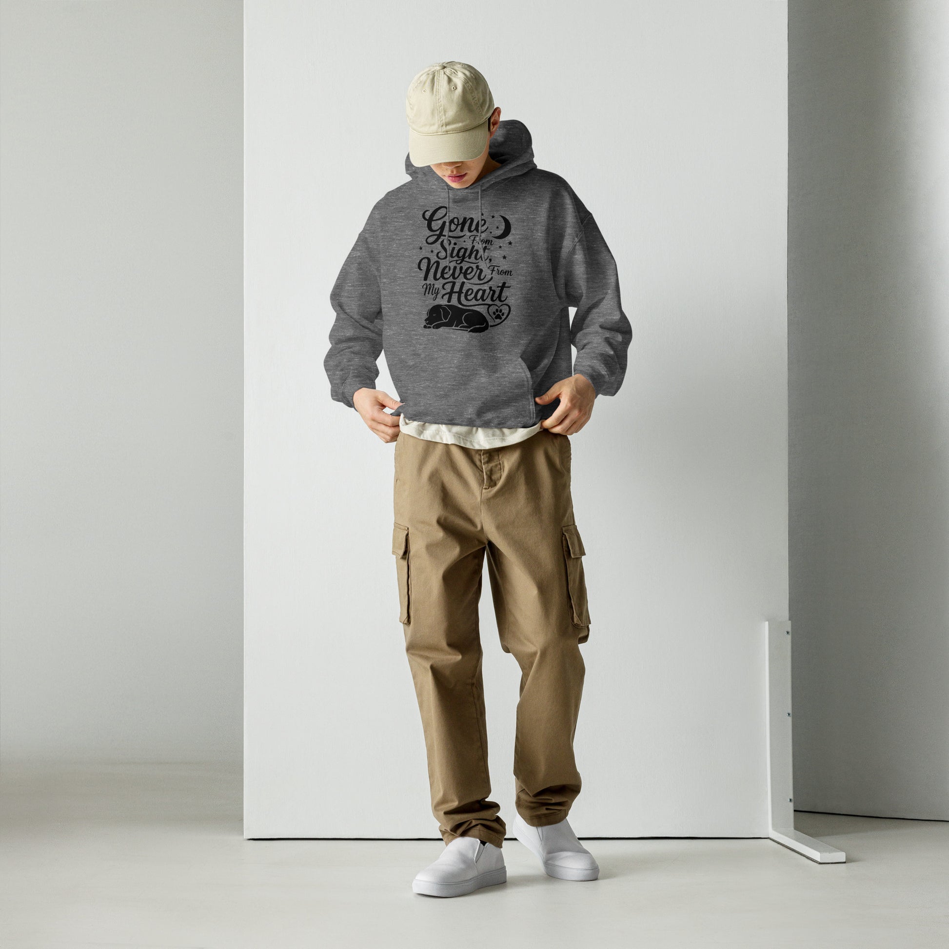 Gone From Sight Never From My Heart dog memorial hoodie in Graphite Heather, front view