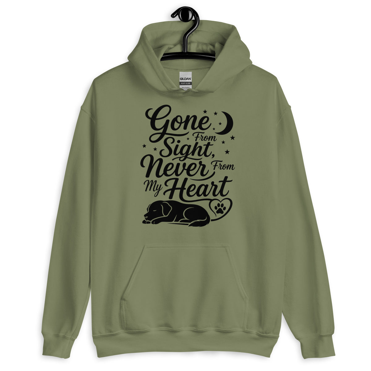 Gone From Sight Never From My Heart dog memorial hoodie in Military Green, front view