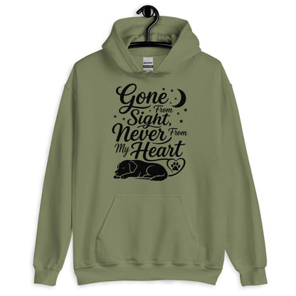 Gone From Sight Never From My Heart dog memorial hoodie in Military Green, front view