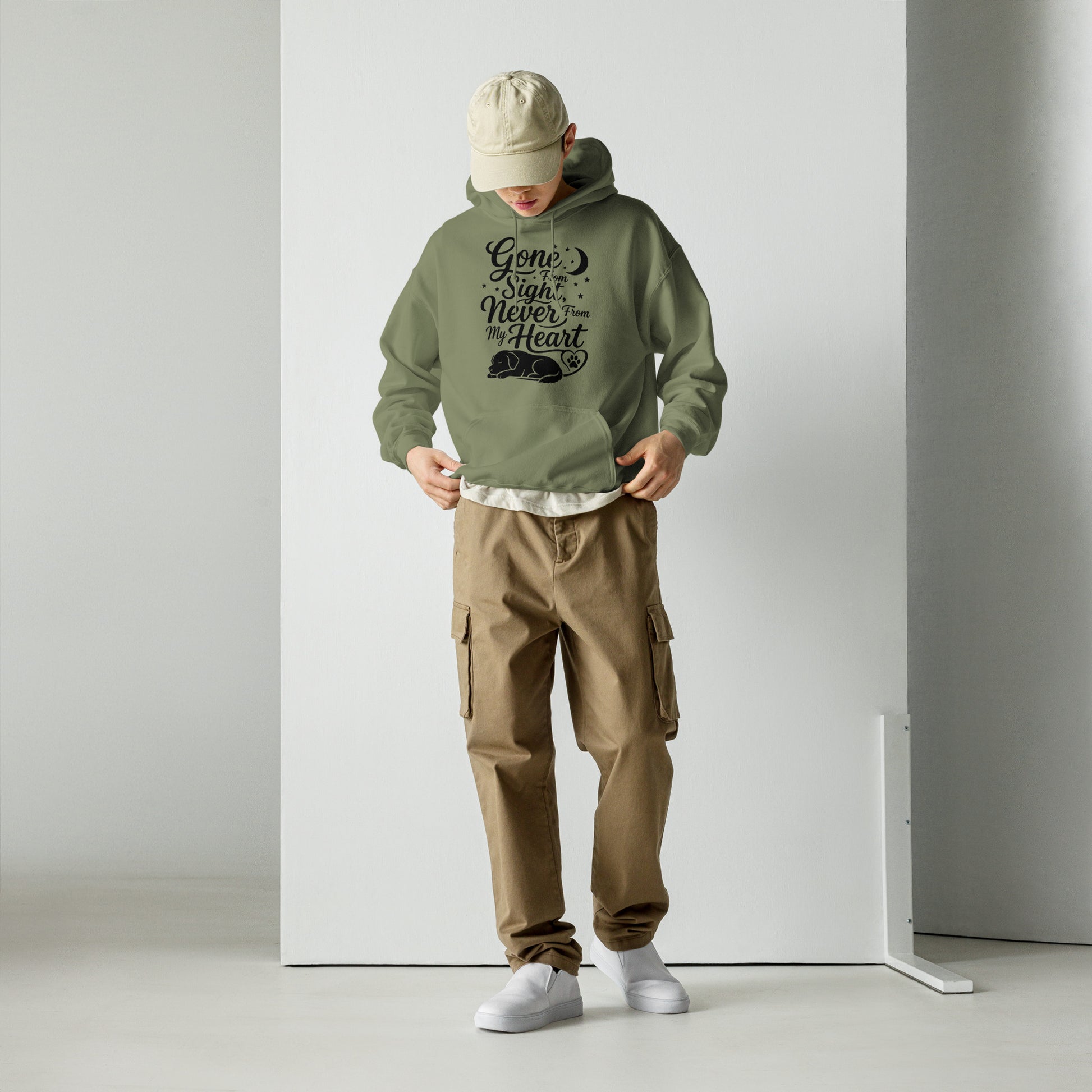 Gone From Sight Never From My Heart dog memorial hoodie in Military Green, front view