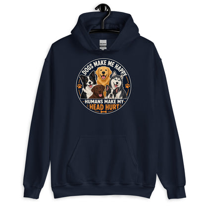 Dogs Make Me Happy Humans Make My Head Hurt hoodie in Navy, front view