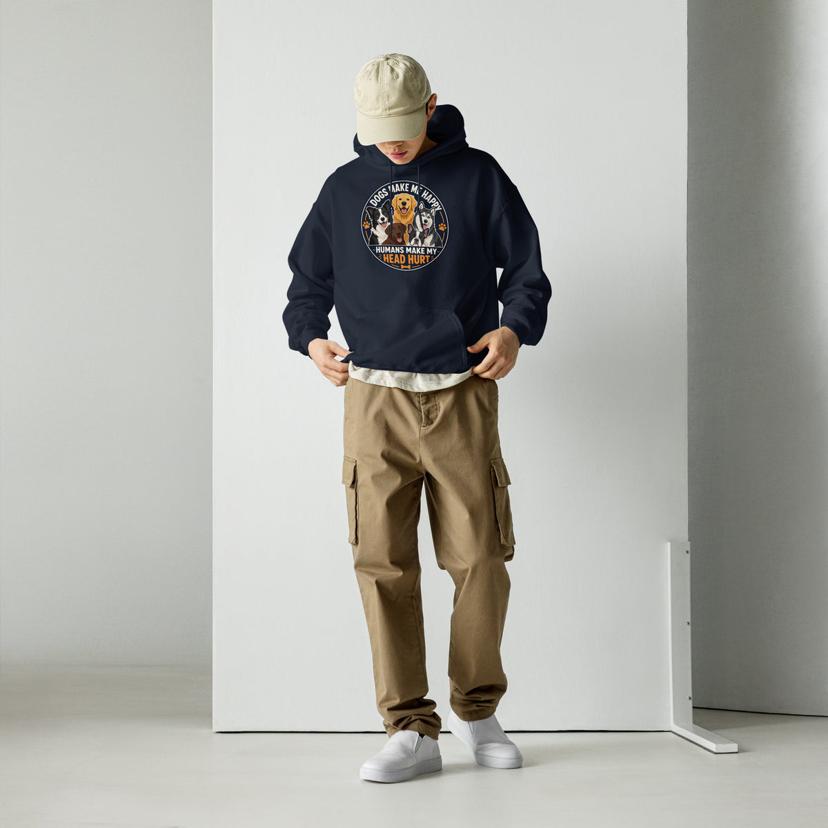 Dogs Make Me Happy Humans Make My Head Hurt hoodie in Navy, front view
