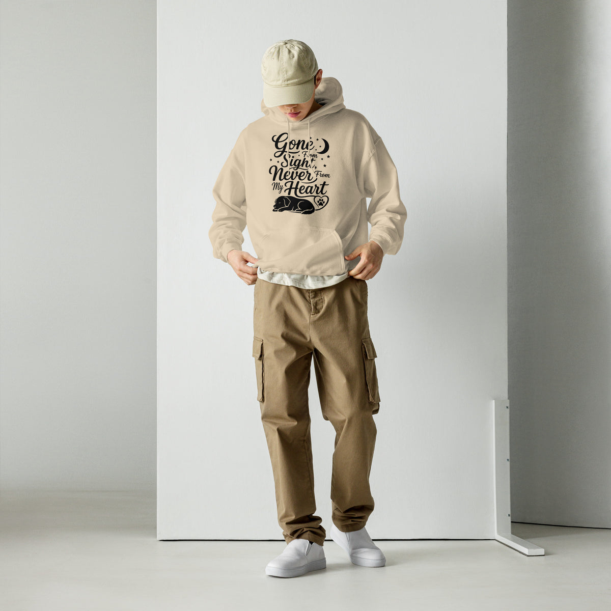 Gone From Sight Never From My Heart dog memorial hoodie in Sand, front view