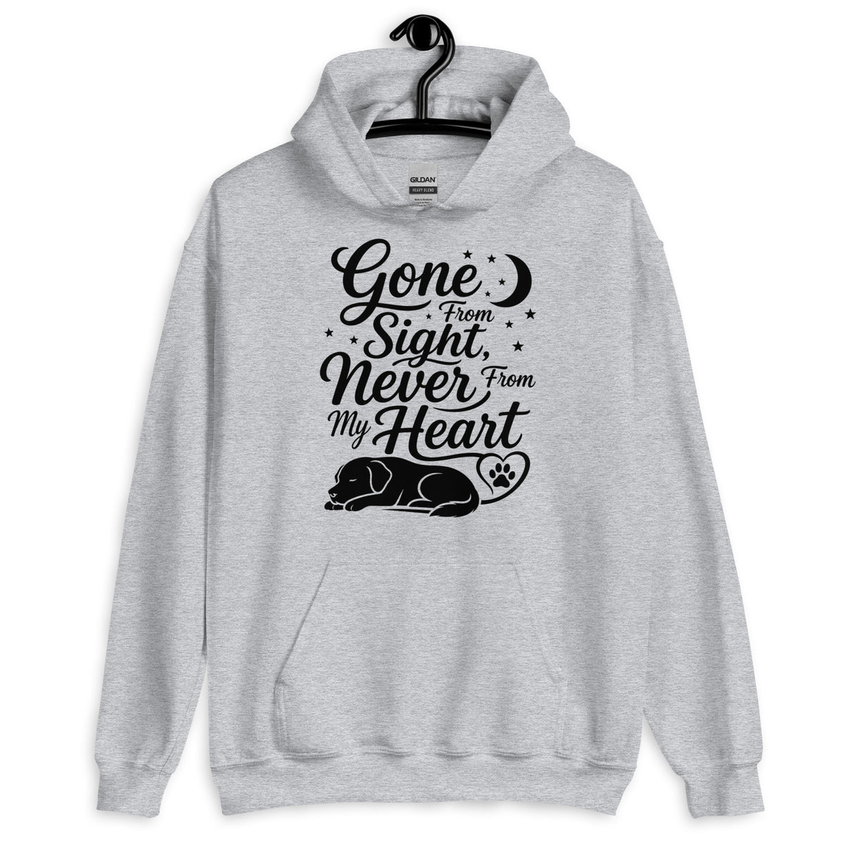 Gone From Sight Never From My Heart dog memorial hoodie in Sport Grey, front view