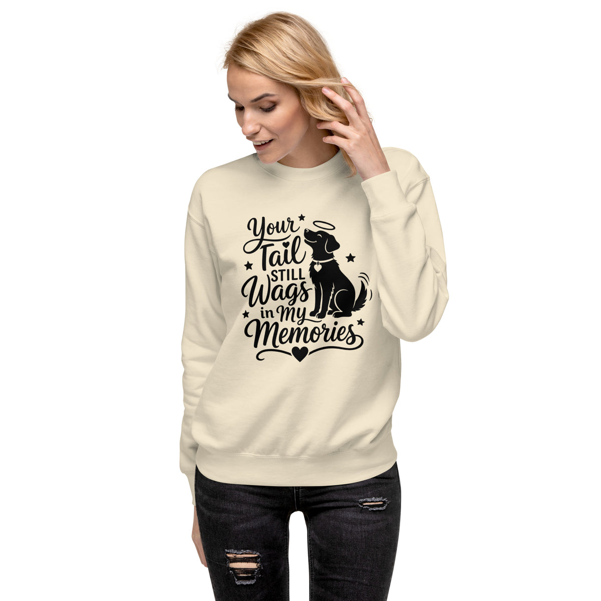 Your Tail Still Wags in My Memories dog memorial sweatshirt in Bone, front view
