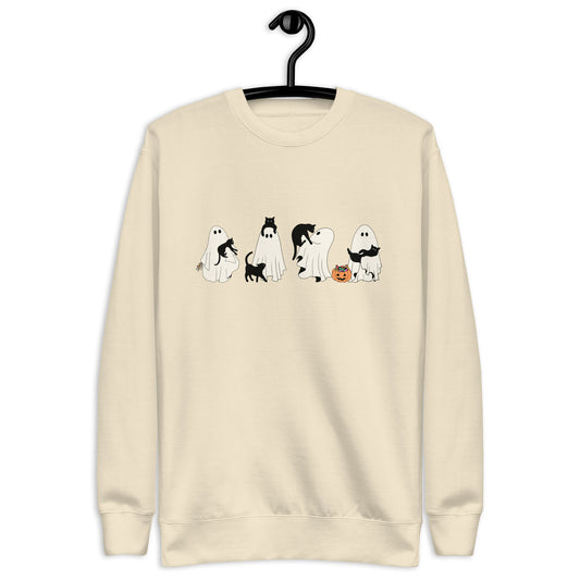 Ghosts and Cats Halloween premium sweatshirt in Bone, front view